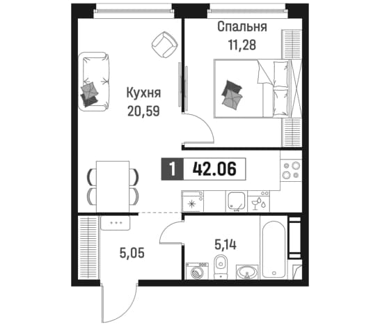 . Вариант № 1835189, 0, площадь - 42.06 квм, цена 8975891 рублей