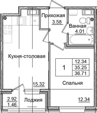 . Вариант № 1826568, 0, площадь - 35.25 квм, цена 6990413 рублей