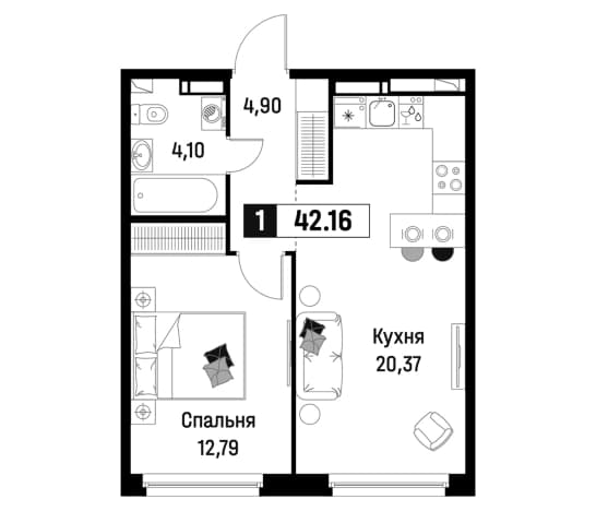 . Вариант № 1834862, 0, площадь - 42.16 квм, цена 8301570 рублей