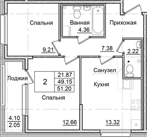 . Вариант № 1910239, 0, площадь - 49.15 квм, цена 8857600 рублей