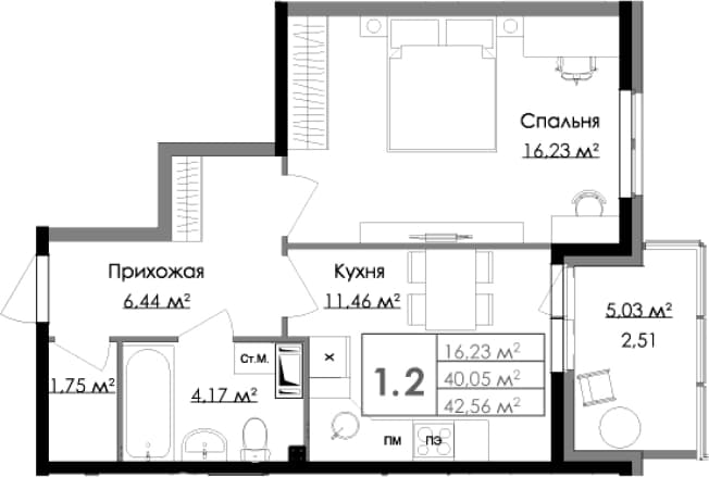 . Вариант № 2251923, 0, площадь - 40.05 квм, цена 8897000 рублей