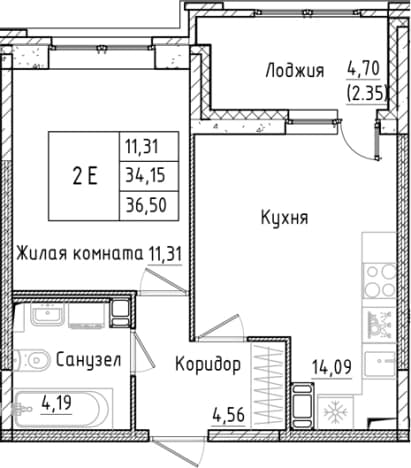 . Вариант № 1814421, 0, площадь - 34.15 квм, цена 7496105 рублей