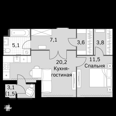 . Вариант № 2339668, 0, площадь - 51.7 квм, цена 29727500 рублей