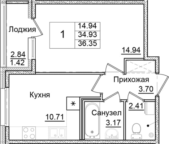 . Вариант № 2007855, 0, площадь - 34.93 квм, цена 6612196 рублей