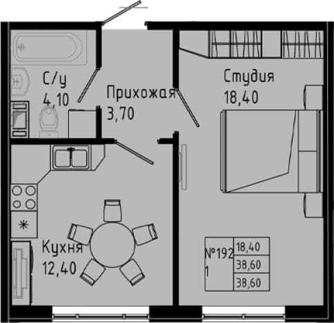 . Вариант № 1891660, 0, площадь - 38.6 квм, цена 5613840 рублей