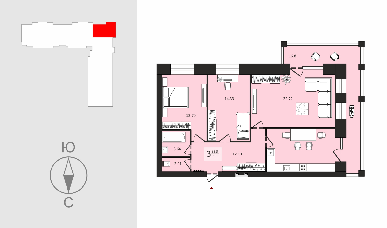 3-комнатная квартира, 99 м2